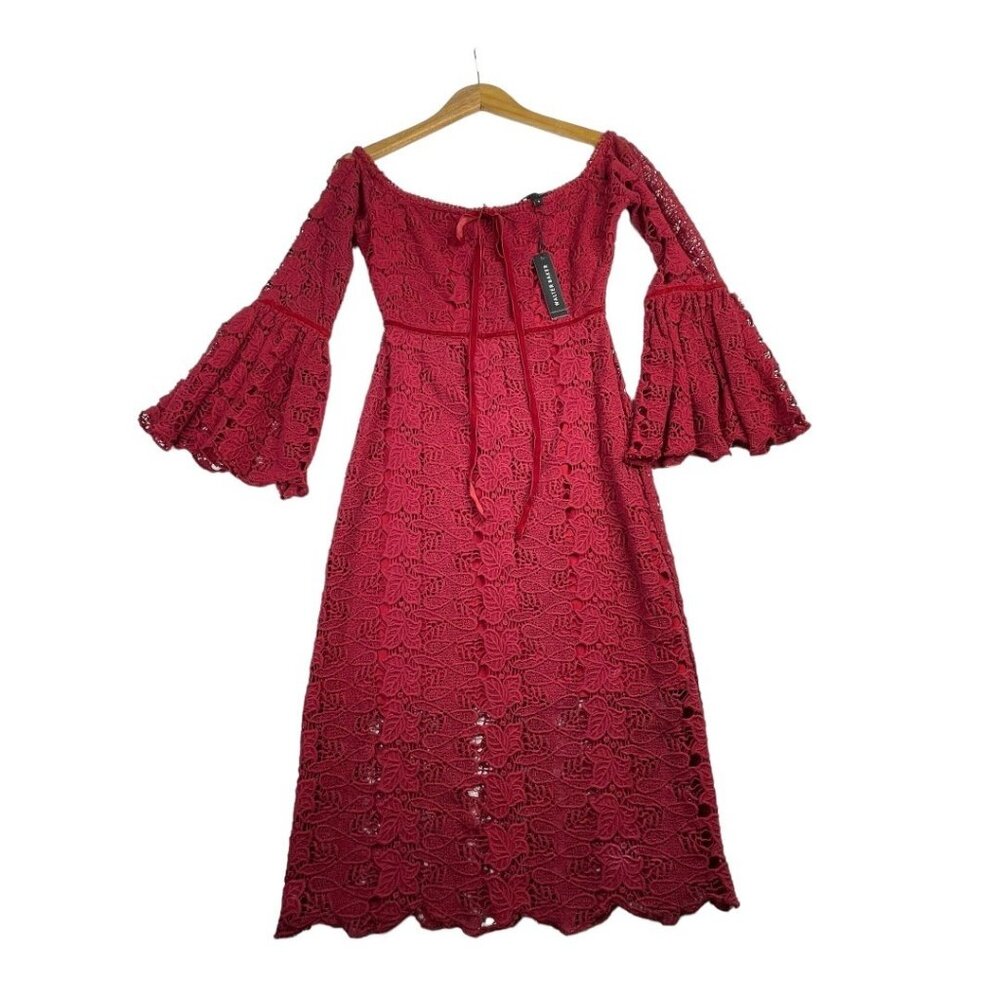 New Walter Baker Lace Off the Shoulder Bell Sleeve Dress size 4 Red AS IS